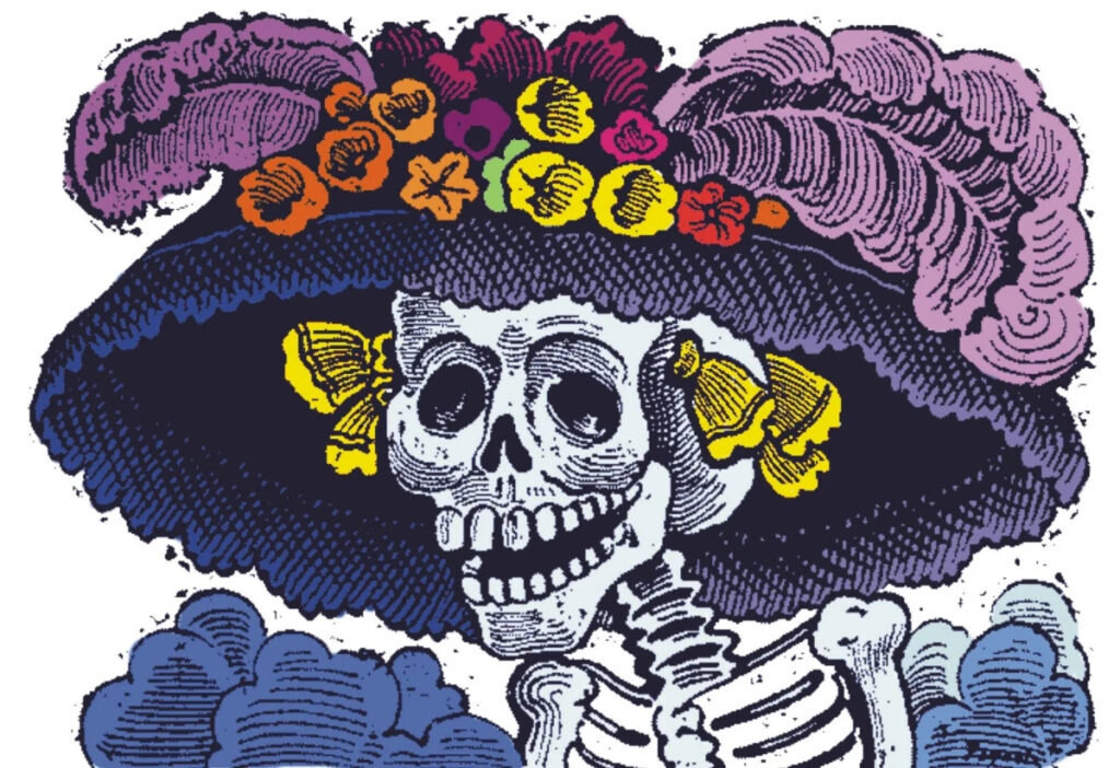 Ilustração de La Catrina, figura do Día de los Muertos. É um esqueleto vestido como uma dama da alta sociedade, usando um vestido e chapéu elegantes.