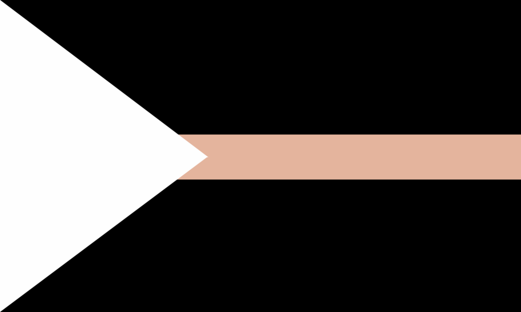 Bandeira noeti. Fundo preto com um triângulo branco na esquerda e uma faixa horizontal bege.