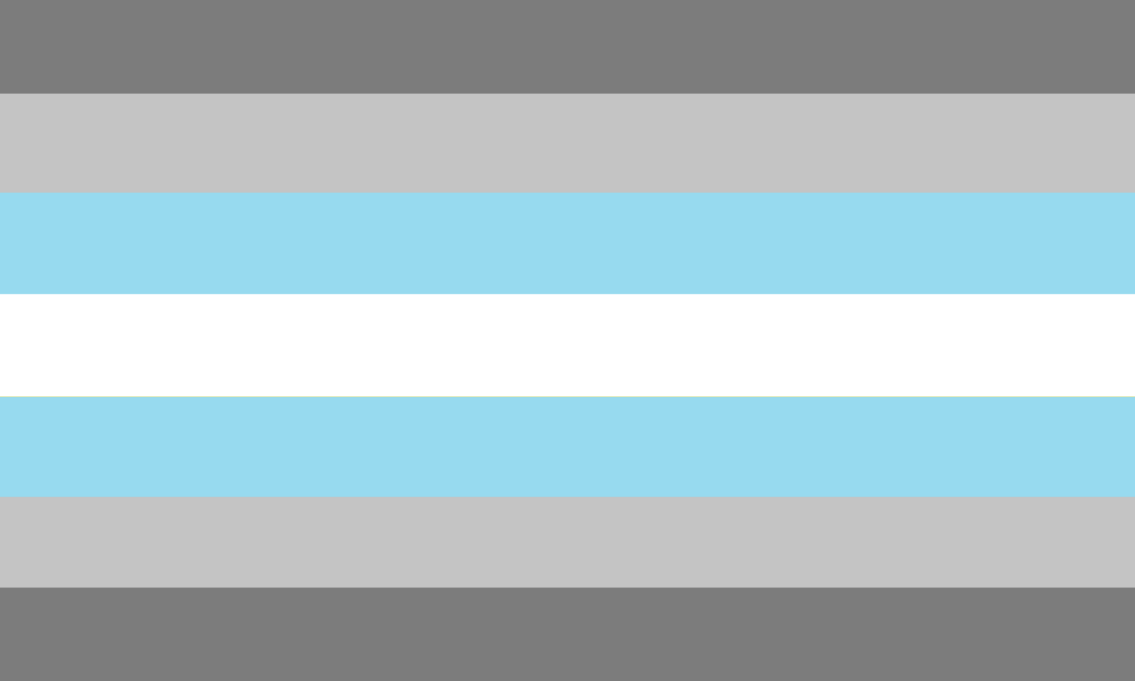 A bandeira possui 7 faixas horizontais. A faixa central é branca, sendo seguida por faixas azuis, cinzas, e as extremas são de um cinza mais escuro.