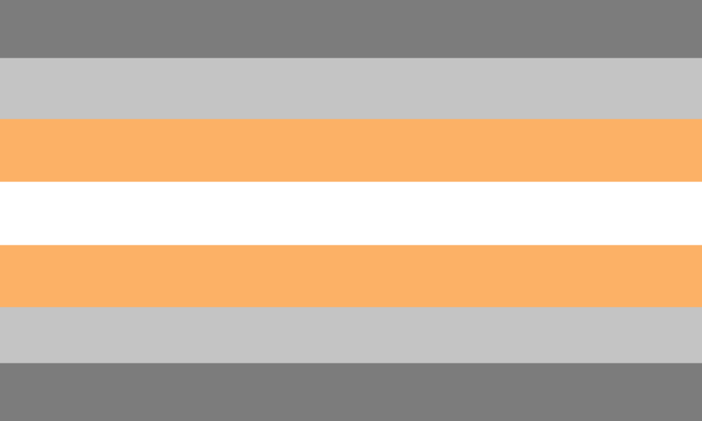 A bandeira possui 7 faixas horizontais. A faixa central é branca, sendo seguida por faixas laranjas, cinzas, e as extremas são de um cinza mais escuro.