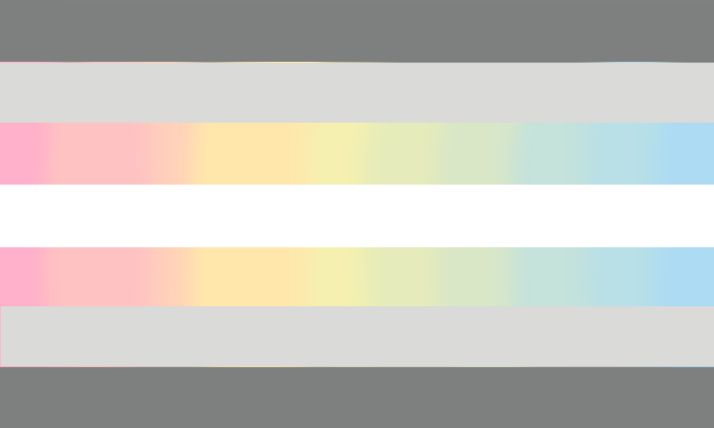 A bandeira possui 7 faixas horizontais. As faixas externas são cinza escuro, seguidas por faixas cinza claro. Em seguida, duas faixas que apresenta um degradê em arco-íris, indo do vermelho ao azul e passando pelo laranja, amarelo e verde. A última faixa, central, é branca.