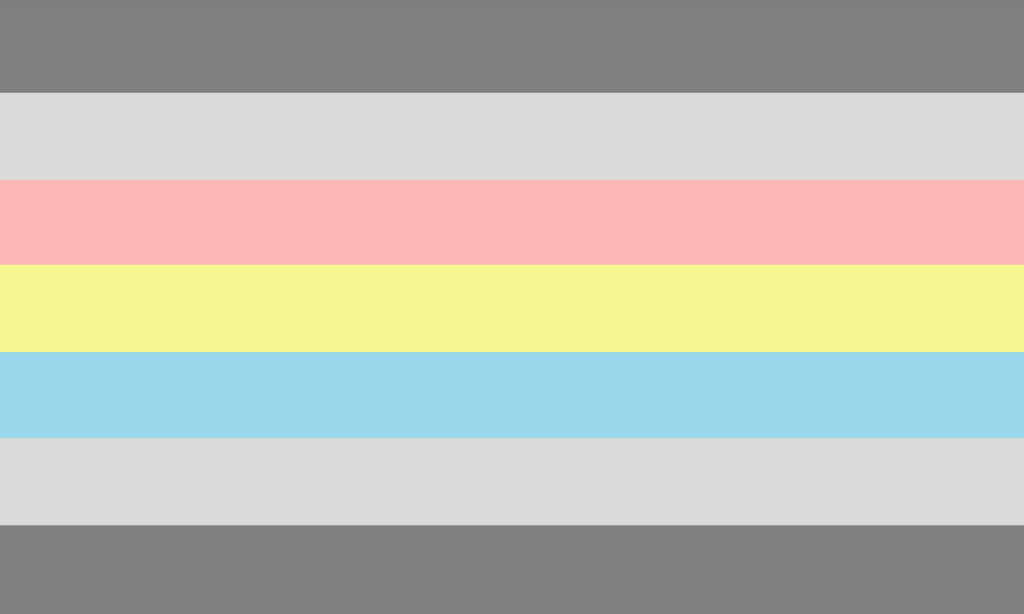 A bandeira possui 7 faixas horizontais. Os extremos são cinza escuro, seguidos por cinza claro. As três faixas centrais são rosa, amarelo e azul, de cima para baixo.