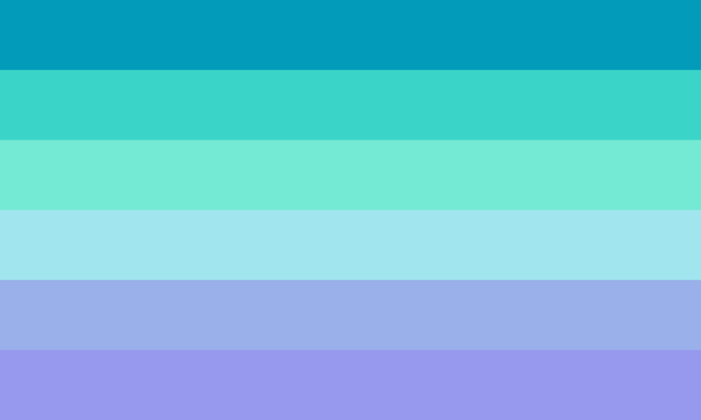 A bandeira consiste de 6 faixas horizontais, sendo um degradê que vai do azul, na faixa superior, passa por três tons de verde-água e termina no lilás, na faixa inferior.