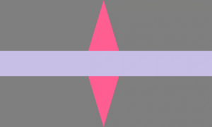 A bandeira possui um fundo cinza sendo dividido horizontalmente por uma fina faixa lilás. Na metade inferior há um triângulo rosa, cuja ponta encosta a faixa no centro, e na metade superior outro triângulo idêntico, porém invertido.
