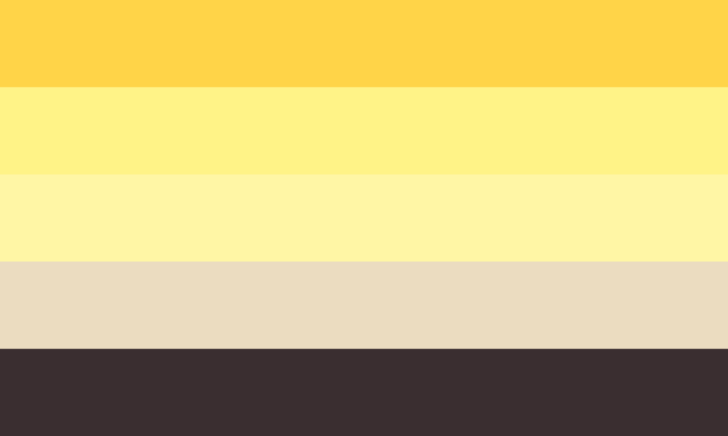 A bandeira consiste de 5 faixas horizontais, sendo a faixa superior um amarelo escuro, seguido de um amarelo mais apagado e um amarelo bebê. A quarta faixa é bege, e a última, inferior, marrom.