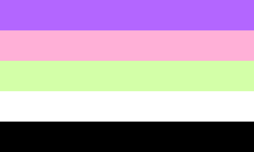 A bandeira consiste de 5 faixas horizontais, sendo, de cima para baixo, lilás, rosa claro, verde amarelado, branco e preto.
