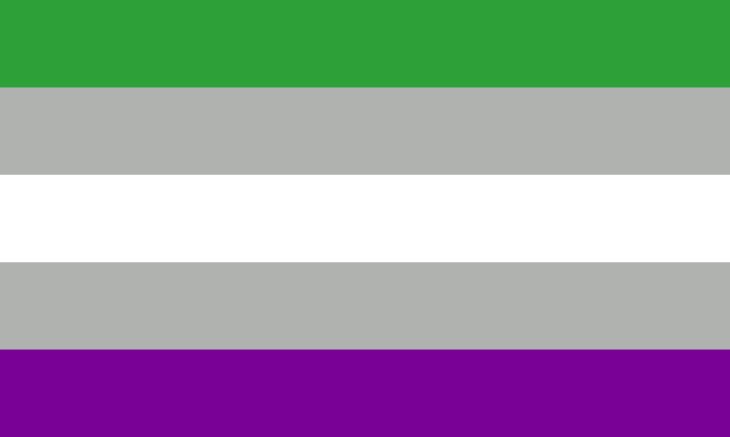 A bandeira consiste de 5 faixas horizontais. A do meio é branca, cercada por duas faixas cinzas. A faixa do extremo superior é verde, enquanto a do extremo inferior é roxa.