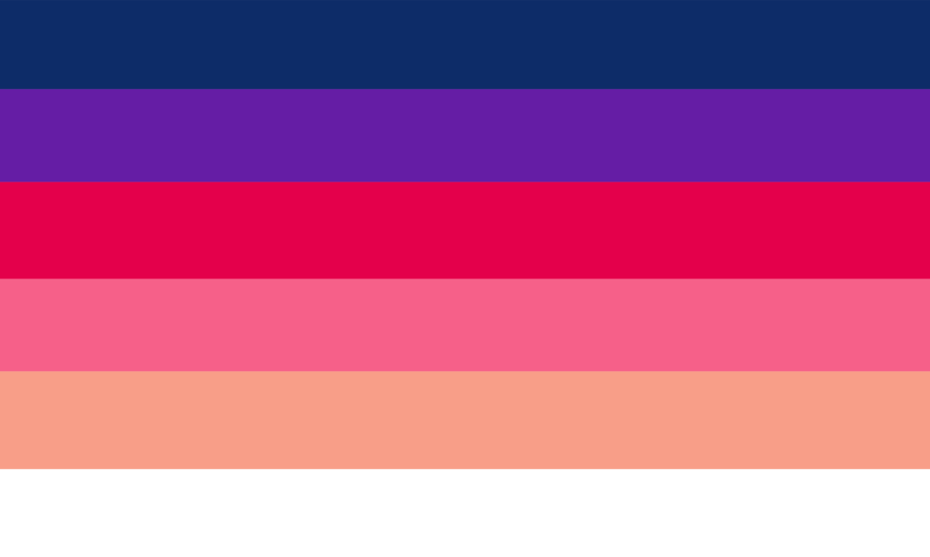 A bandeira consiste de 6 faixas horizontais, sendo, de cima para baixo, azul escuro, roxo, rosa escuro, rosa claro, magenta e branco.