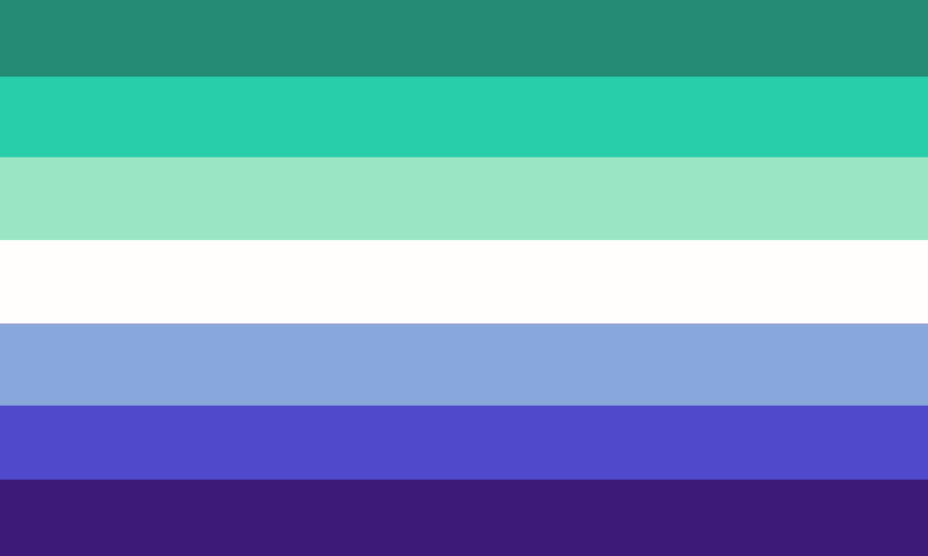 A bandeira consiste de 7 faixas horizontais, sendo, respectivamente, nas cores verde escuro, verde-água, verde claro, branco, azul claro, lilás e roxo.