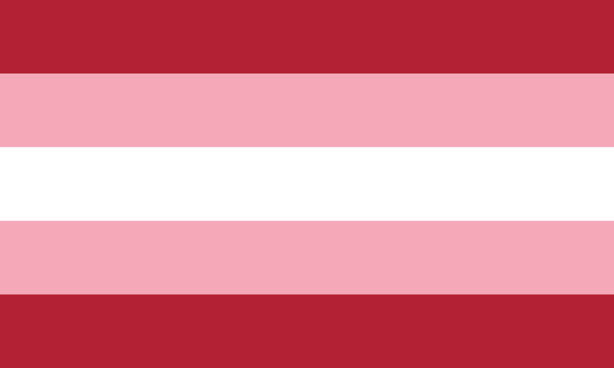 Bandeira Transfem composta por 5 faixas horizontais, sendo elas: 1 faixa central branca, 2 faixas rosas acima e abaixo da branca e 2 faixas vermelhas acima e abaixo das rosas.
