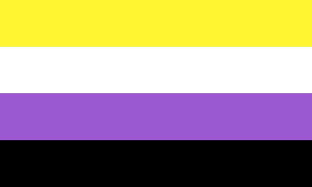 A bandeira consiste de 4 faixas horizontais sendo, de cima para baixo, amarelo, branco, roxo e preto.