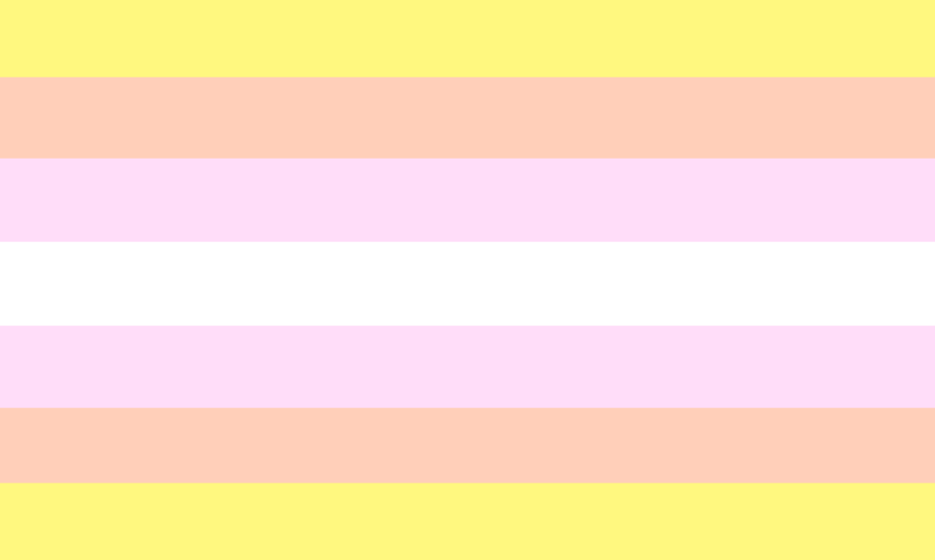 A bandeira possui 7 faixas horizontais. A faixa central é branca, sendo seguida por faixas rosas, laranjas, e as extremas são amarelas. Todos os tons são pastéis.