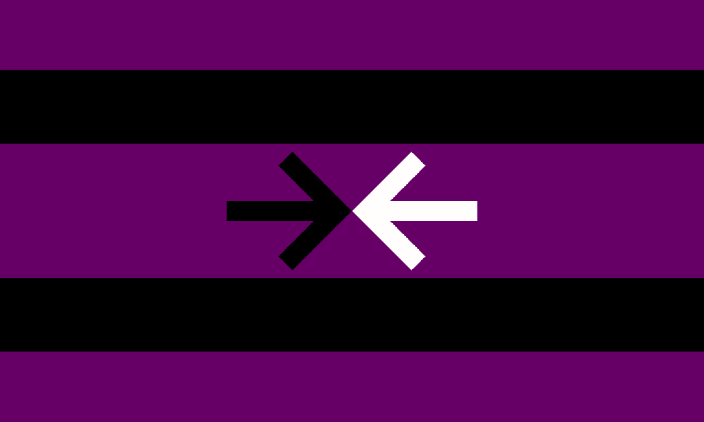 A bandeira consiste de 5 faixas horizontais, intercalando roxo e preto, estando as faixas roxas nos extremos e a do centro sendo mais grossa. Há uma seta preta apontada para a direita e uma branca apontada para a esquerda. As pontas das setas se encontram no centro.