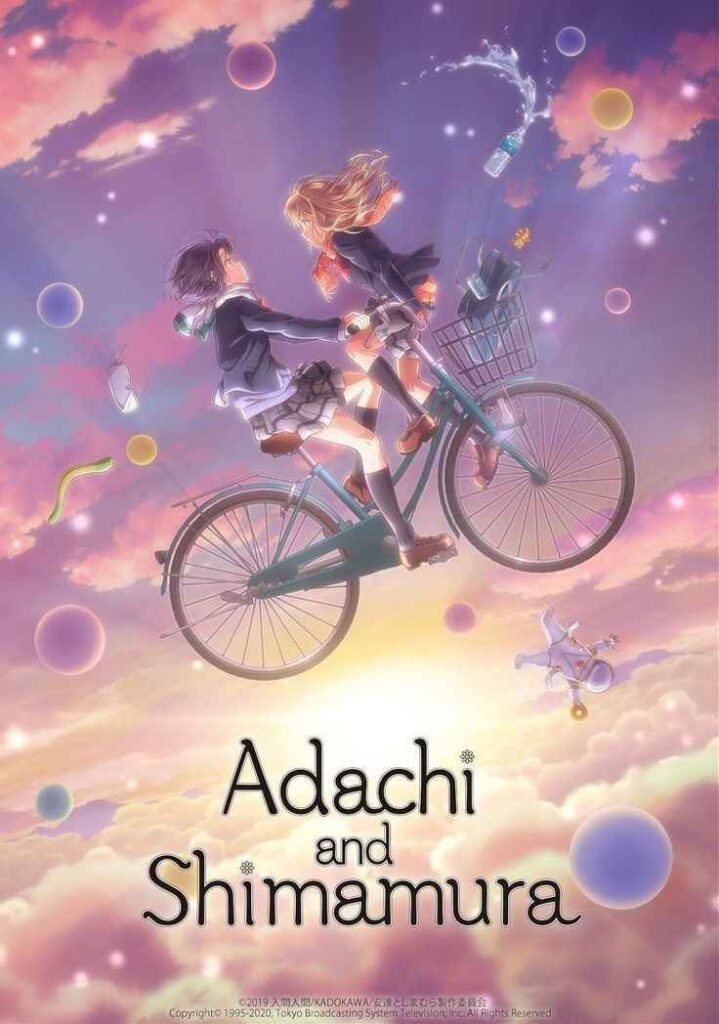 Duas garotas, Adachi e Shimamura, estão sobrevoando o céu de pôr-do-sol em uma bicicleta azul enquanto se encaram. Adachi, de cabelo curto e roxo é quem está pilotando o veículo, enquanto Shimamura, de cabelo comprido e loiro, está sentada no guidão. As duas estão vestidas com uniformes colegiais japoneses típicos.