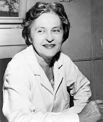 Foto em preto e branco da cientista Mária Telkes. Nela, Telkes está vestindo o que aparenta ser seu uniforme de trabalho. Ela tem cabelos curtos e está sorrindo enquanto olha para a direita.