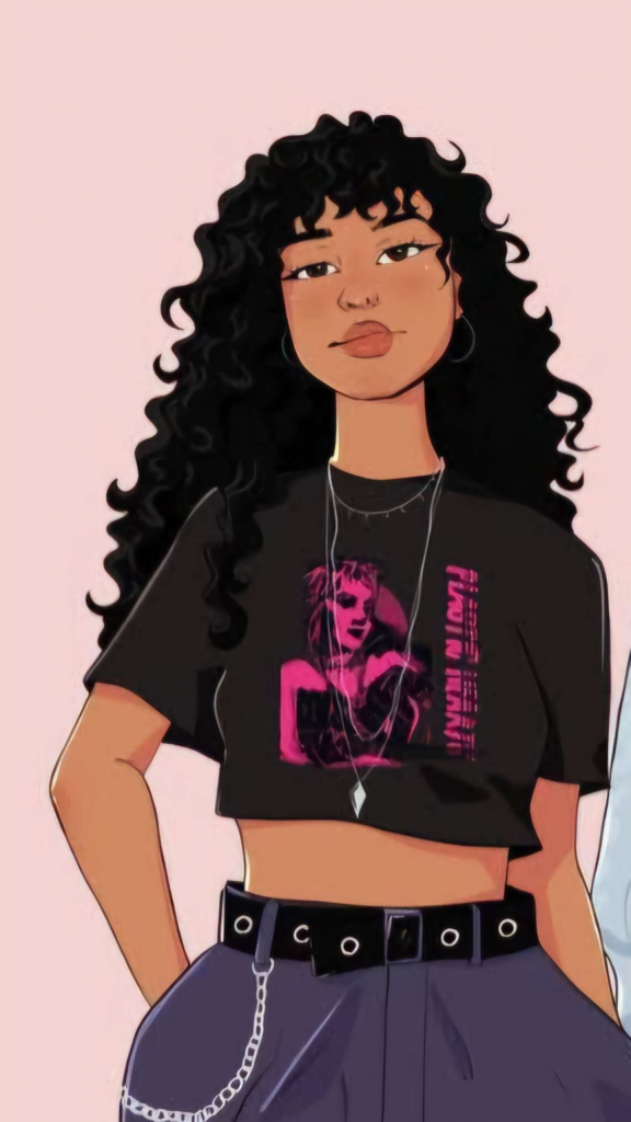 A imagem mostra uma ilustração digital de uma jovem negra de pele clara com expressão confiante. Ela tem cabelos cacheados e volumosos, que caem sobre os ombros. Usa um cropped preto com estampa em rosa neon de uma mulher — faz referência ao album plastic hearts da miley cyrus — e calça larga azul-marinho com cinto de fivela grossa e ilhós metálicos, além de uma corrente pendurada na lateral. Ela também usa colares finos e argolas nas orelhas.