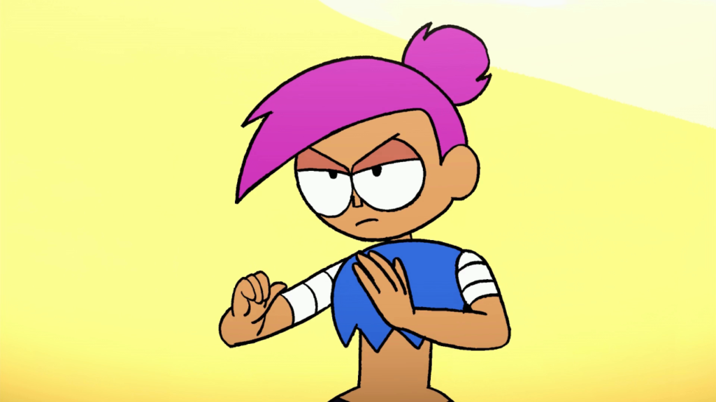 A imagem mostra uma personagem de desenho animado com expressão determinada, postura de luta e olhos semicerrados. Ela tem pele marrom claro, cabelo rosa vibrante preso em um coque, com uma franja cobrindo parte da testa. Veste uma blusa azul rasgada na barra, deixando o abdômen exposto, e tem faixas brancas enroladas na parte de cima dos braços.
O fundo é de cor amarela clara e o estilo do desenho é simples e estilizado, com contornos pretos marcantes.
