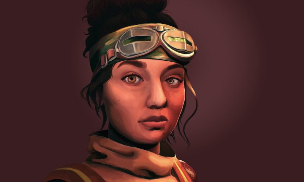 Uma personagem de videogame de aparência realista e expressão séria. Ela tem pele bronzeada com sardas visíveis, olhos castanhos e lábios cheios. Usa uma faixa na cabeça com óculos de proteção metálicos sobre a testa. Seu cabelo escuro está preso em um coque alto e alguns fios soltos caem ao lado do rosto. A iluminação quente destaca os traços faciais. O fundo é liso e em tom vinho escuro, dando ênfase ao rosto da personagem.