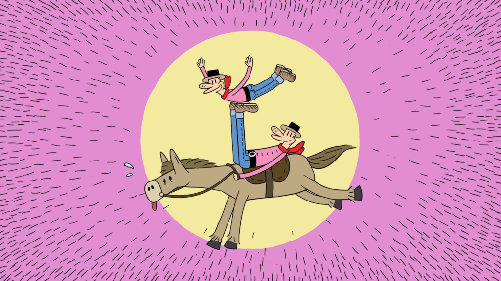 A ilustração mostra dois cowboys montados em um cavalo que parece estar correndo, cansado com a língua para fora. Um dos cowboys está deitado na sela e segurando o outro com as duas pernas, como se estivessem fazendo uma acrobacia circense. Ambos usam chapéus pretos, camisas rosas, lenços vermelhos e calças jeans. O fundo é rosa claro com um círculo amarelo central cercado por linhas pretas.
