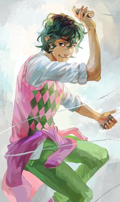 A imagem é uma ilustração colorida de uma personagem com aparência jovem e expressão confiante. Ela tem pele bronzeada, olhos castanhos e cabelo curto verde escuro com mechas claras. Veste uma camisa branca com colete rosa decorado com losangos verdes, calça verde e blusa de manga longa cor-de-rosa amarrada na cintura. Ela segura duas adagas, uma em cada mão. O fundo da imagem é claro.