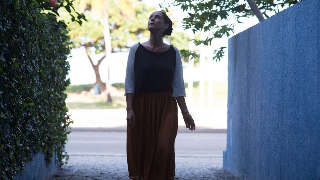 Na imagem, uma mulher caminha por um corredor estreito, com uma parede azul à direita e uma cerca viva à esquerda. Ela veste blusa de mangas brancas com a parte frontal preta e saia longa marrom. Seus cabelos estão presos e ela olha para cima, em direção à luz. Ao fundo, há uma área externa iluminada, com árvores e calçada.