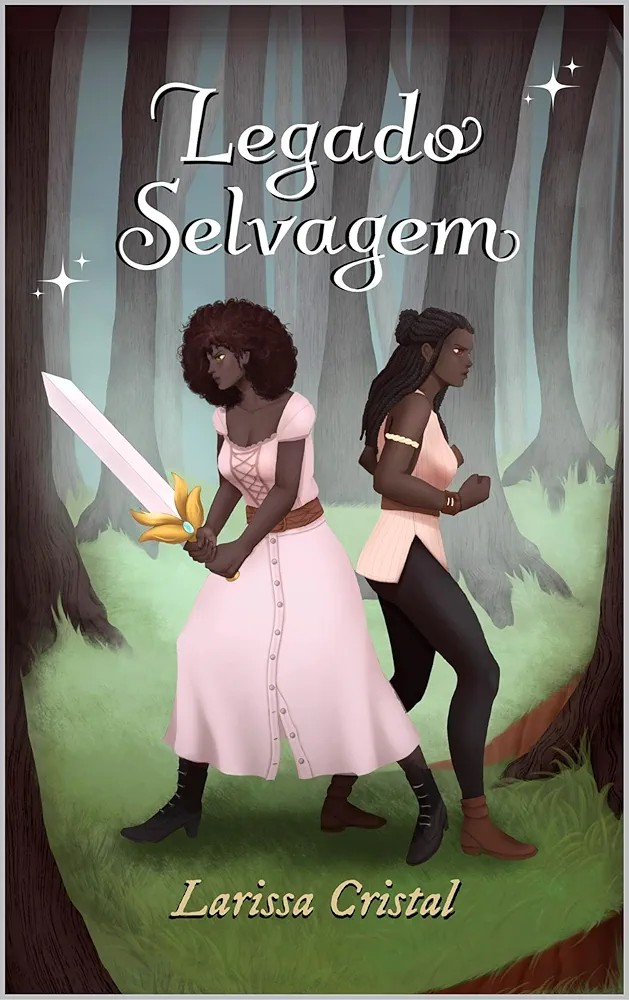 A capa de “Legado Selvagem” de Larissa Cristal mostra duas mulheres negras no meio de uma floresta com neblina. Uma delas usa um vestido branco e rosa, tem o cabelo black e empunha uma espada. A segunda usa tranças no cabelo, usa blusa comprida e calça e tem os punhos cerrados em posição de luta, além disso usa bracelete e um adorno no braço.